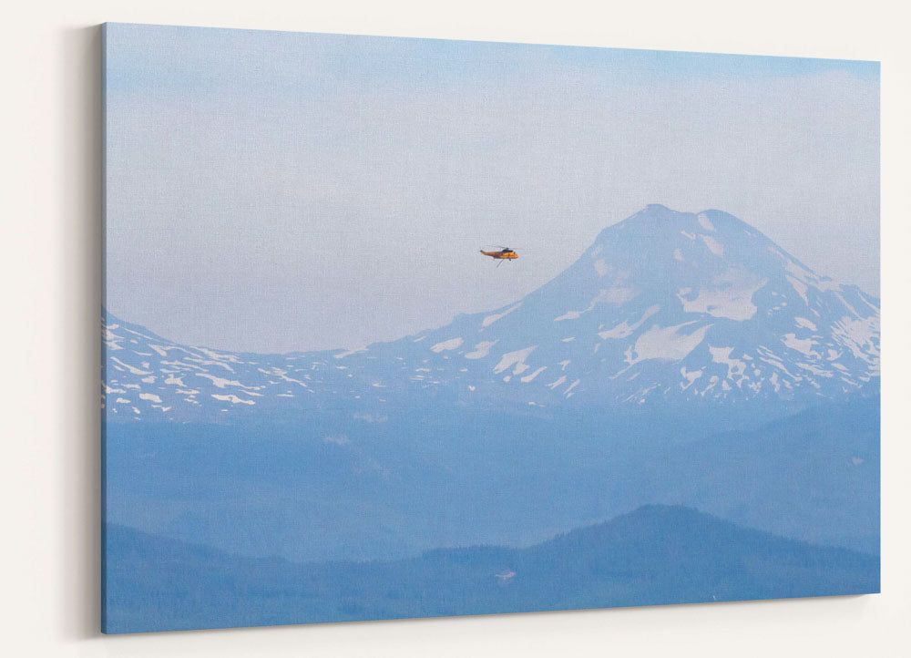 Helicopter Traveling to Wildfire, South Sister in Background, Oregon