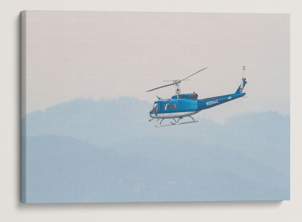 Fire Helicopter and Heavy Smoke Over Cascades Mountains, Willamette National Forest, Oregon, USA