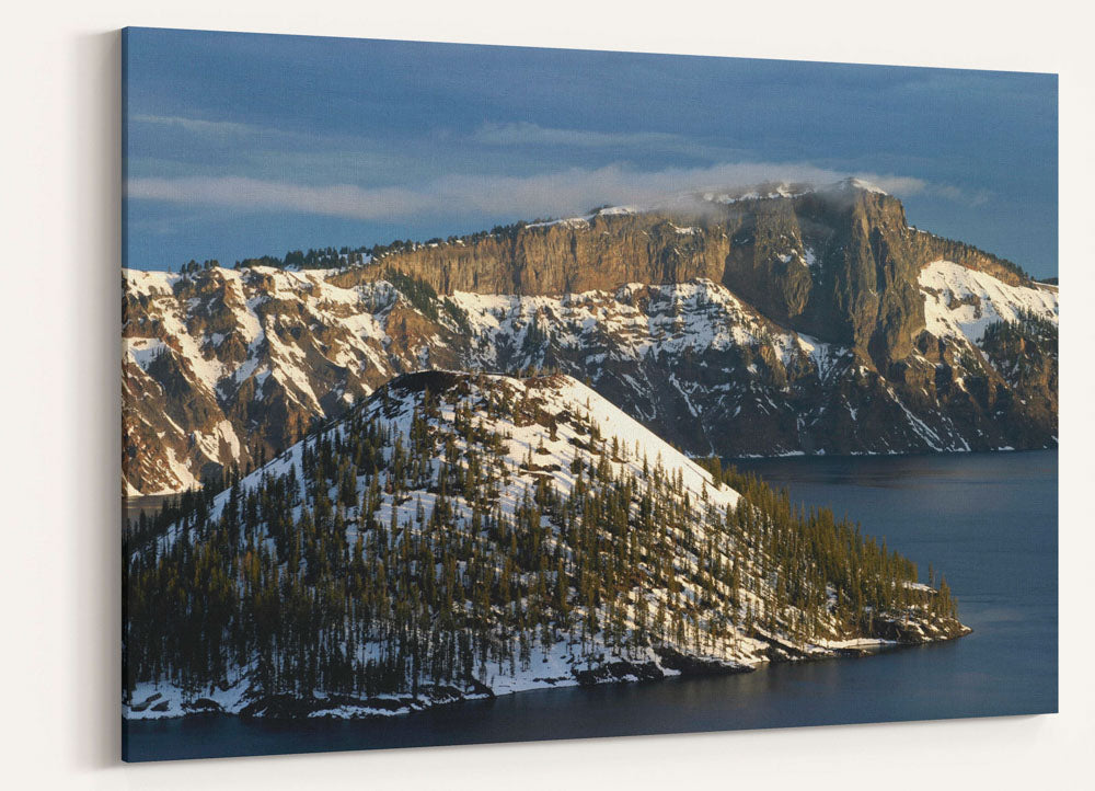 Wizard Island and Llao Rock in winter, Crater Lake National Park, Oregon