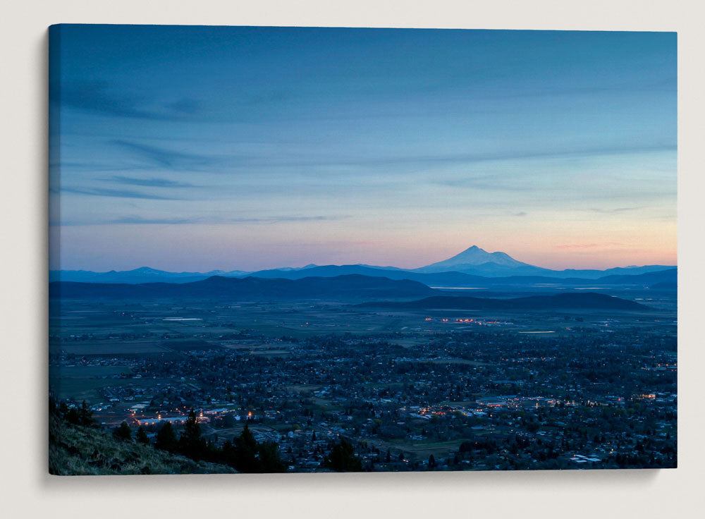 Klamath Falls Cityscape At Sunset With Mount Shasta, Hogback Mountain, Klamath Falls, Oregon