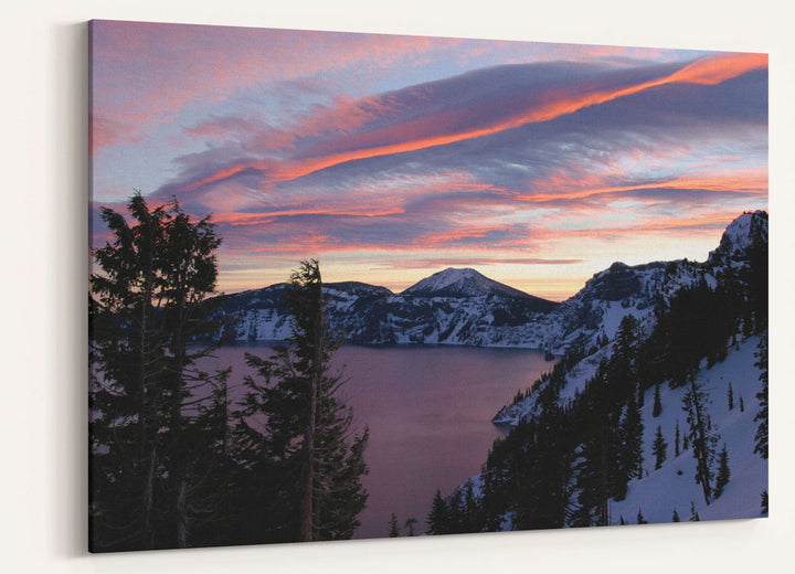 Sunrise pink colored skies over Mount Scott, Crater Lake National Park, Oregon