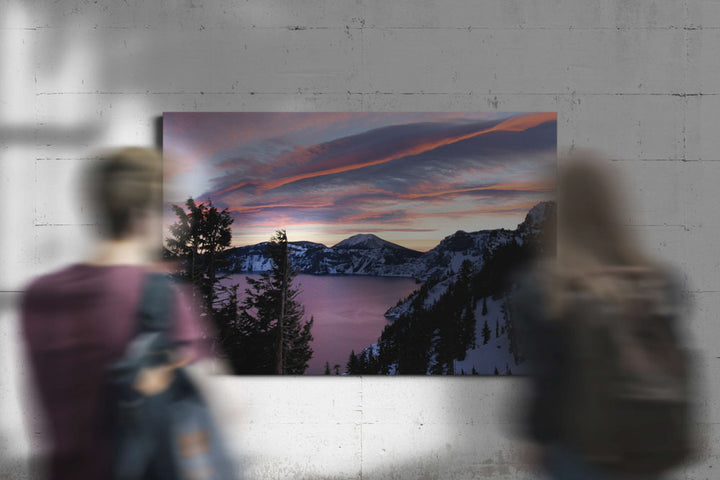 Sunrise pink colored skies over Mount Scott, Crater Lake National Park, Oregon