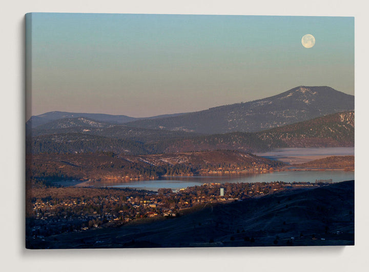 Moonrise Over Aspen Butte, Upper Klamath Lake and Klamath Falls at Sunrise, Klamath Falls, Oregon