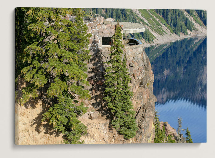 Sinnott Memorial and Mountain Hemlock, Crater Lake National Park, Oregon, USA