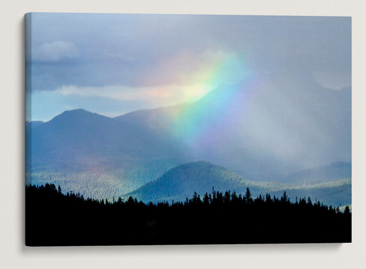 Three-fingered Jack and rainbow with Nash Crater, Mount Jefferson Wilderness, Oregon, USA