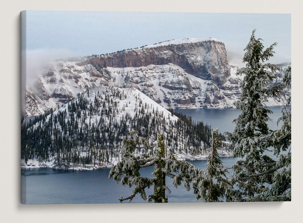 Wizard Island and Llao Rock In Winter, Crater Lake National Park, Oregon, USA