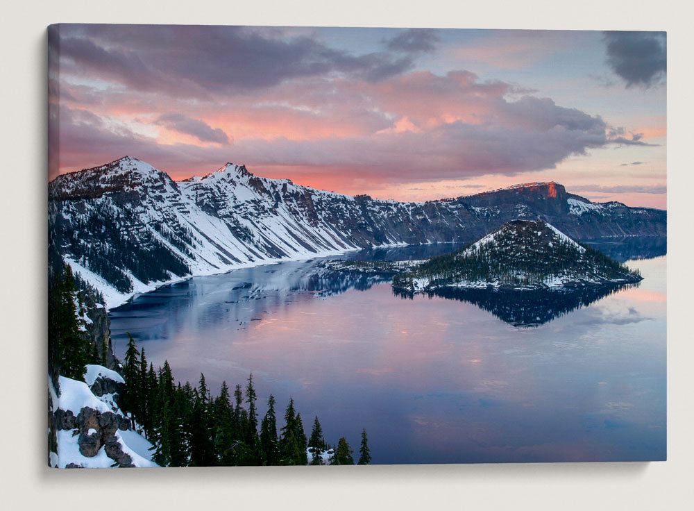 Wizard Island and West Rim At Sunset, Crater Lake In Winter, Crater Lake National Park, Oregon, USA