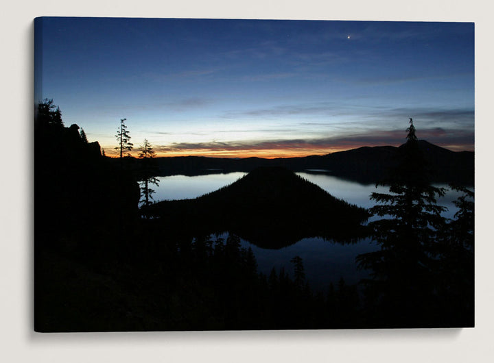 Silhouetted Wizard Island At Sunrise, Crater Lake National Park, Oregon, USA