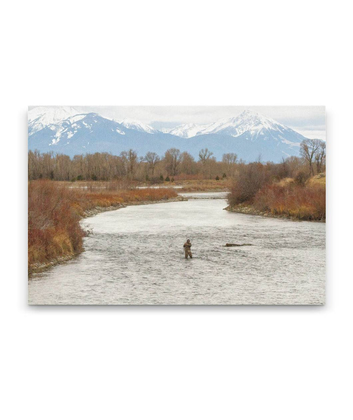 Fisherman and Yellowstone River, Absaroka-Beartooth Wilderness In Background, Montana