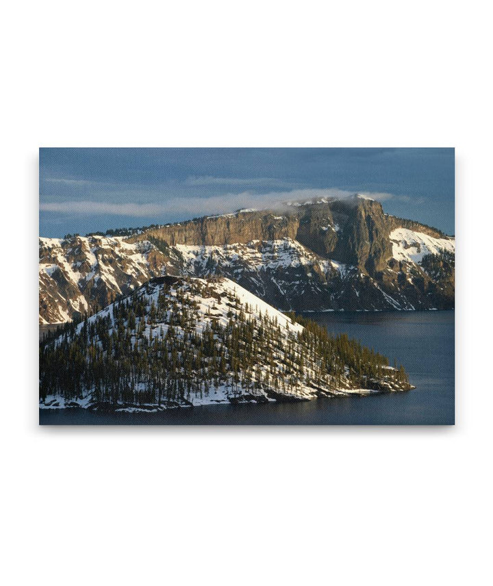 Wizard Island and Llao Rock in winter, Crater Lake National Park, Oregon