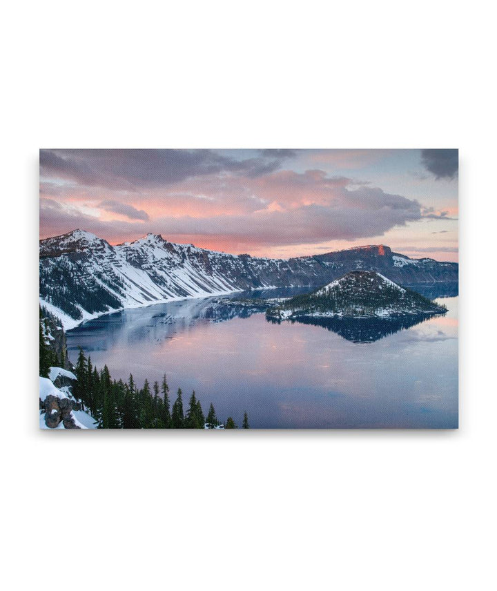 Wizard Island and West Rim At Sunset, Crater Lake In Winter, Crater Lake National Park, Oregon, USA