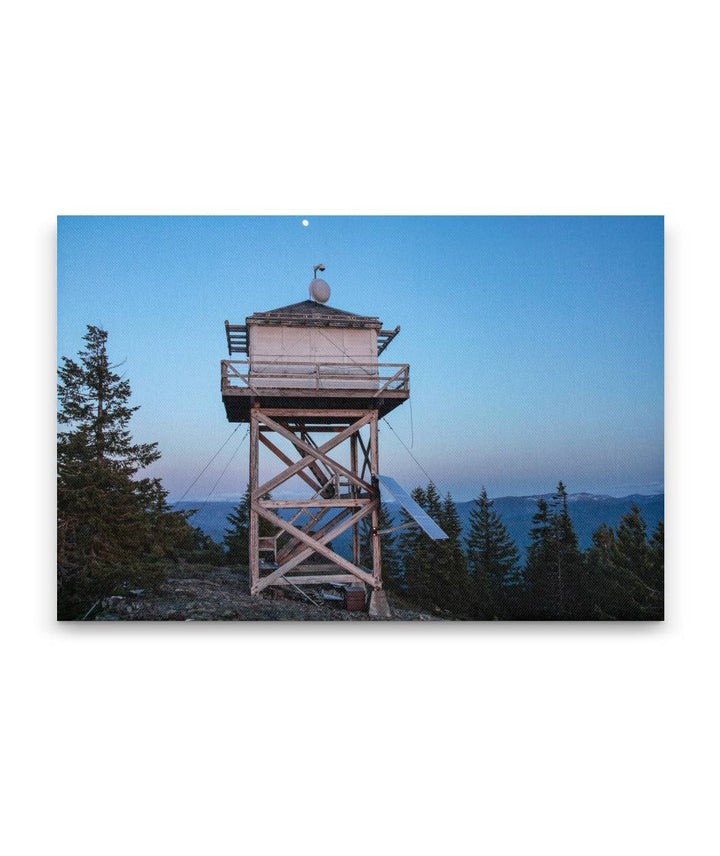 Moonrise and Illahee Rock Fire Lookout At Dusk, Umpqua National Forest, Oregon