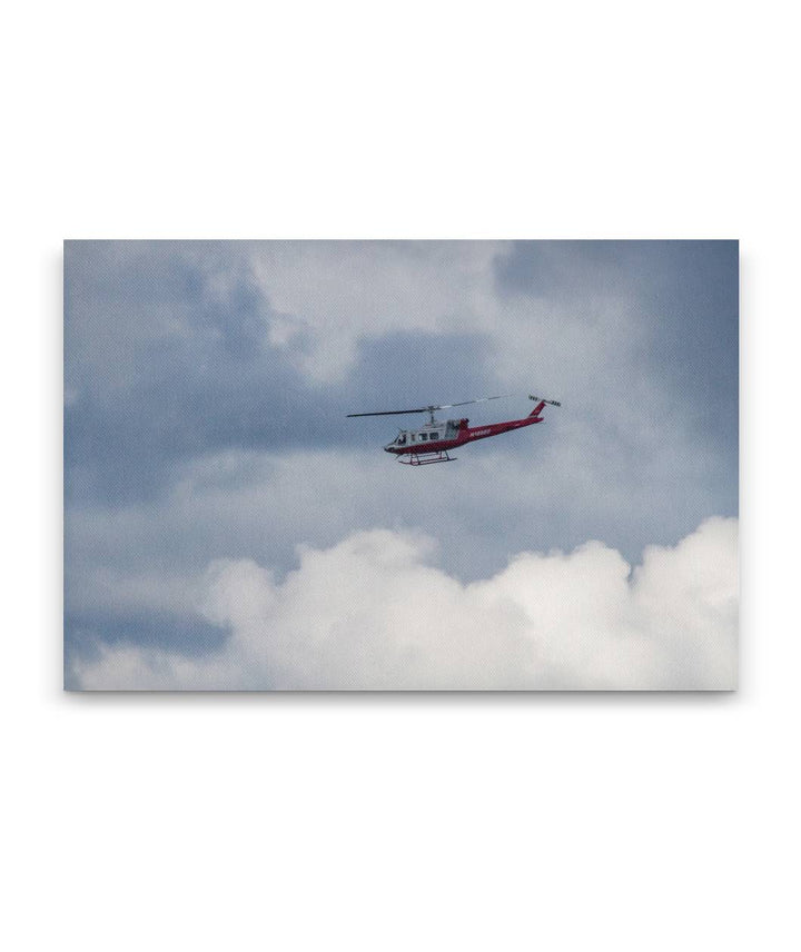 Fire Helicopter and Clouds Over Cascades Mountains, Willamette National Forest, Oregon, USA