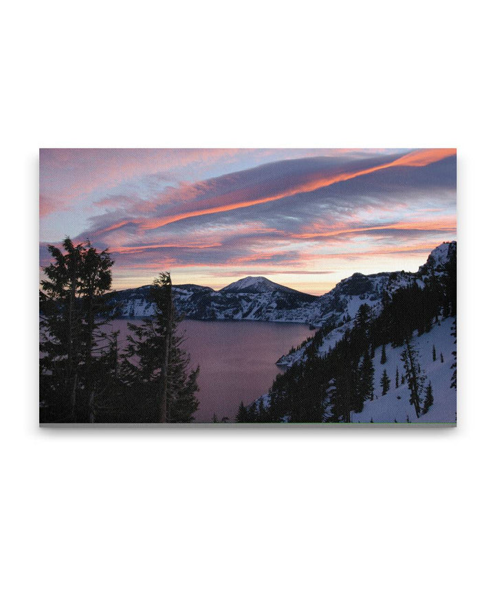 Sunrise pink colored skies over Mount Scott, Crater Lake National Park, Oregon