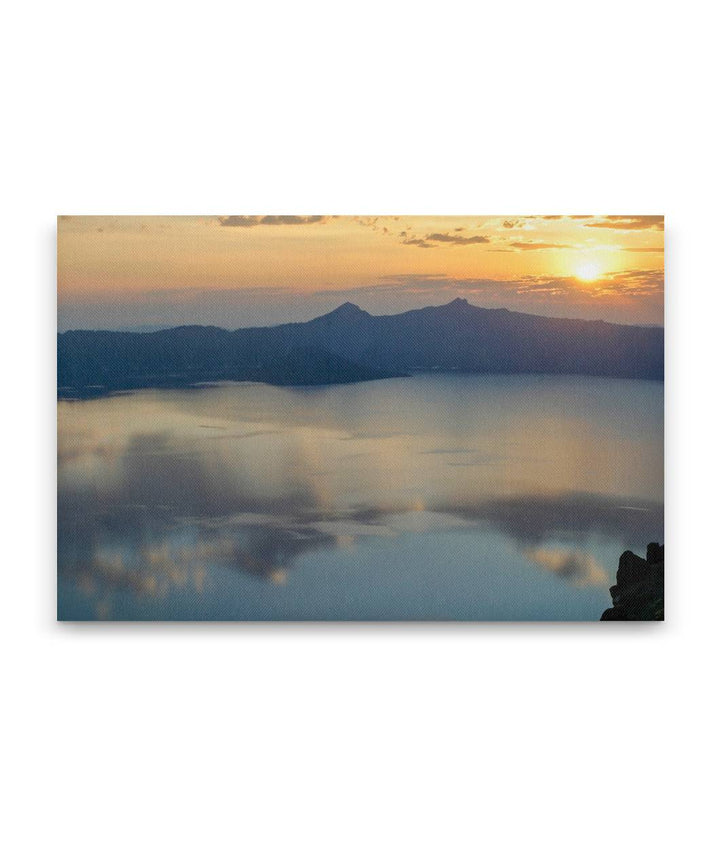 Wizard island and West Rim of Crater Lake At Sunset, Crater Lake National Park, Oregon, USA