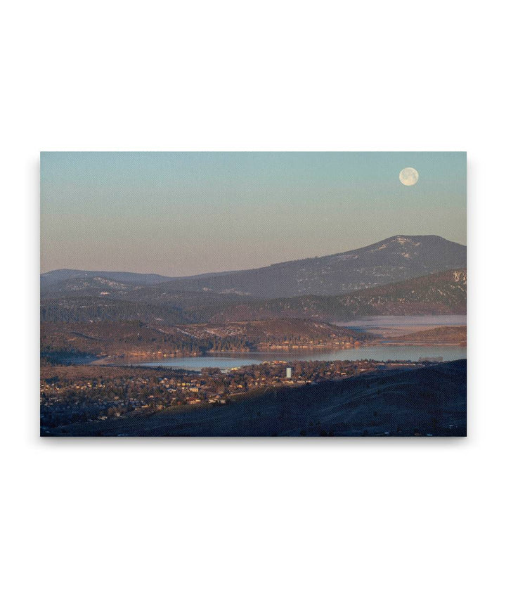 Moonrise Over Aspen Butte, Upper Klamath Lake and Klamath Falls at Sunrise, Klamath Falls, Oregon