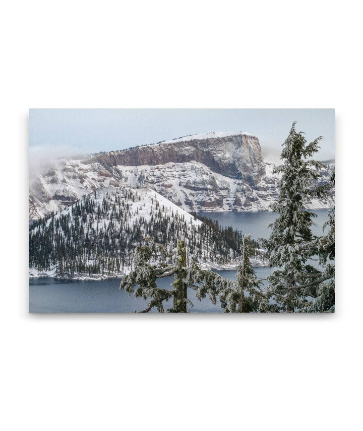 Wizard Island and Llao Rock In Winter, Crater Lake National Park, Oregon, USA