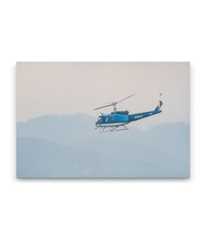 Fire Helicopter and Heavy Smoke Over Cascades Mountains, Willamette National Forest, Oregon, USA